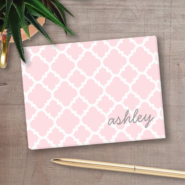 Bloco De Notas Padrão de Quatrefoil Rosa com Nome de Script de Ci (Personalized Post-it notes - add your name and other text)