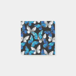 Bloco De Notas Padrão Escuro Sem Costura com Borboletas Azuis Mor