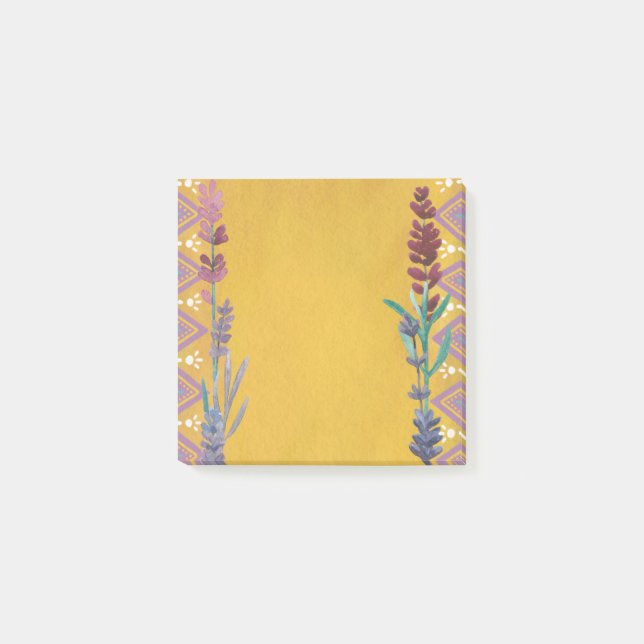 Bloco De Notas Padrão floral amarelo bonito. Flor lilás botânica (Frente)