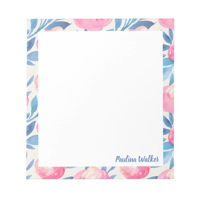 Bloco De Notas Padrão Floral bonito de Aquarela Nome Azul Rosa (Frente)