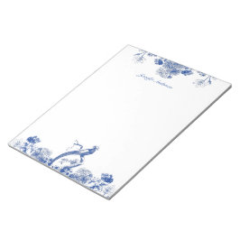 Bloco De Notas Padrão Floral Chinês Azul e Branco com Pássaro