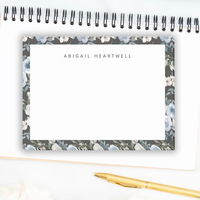 Bloco De Notas Padrão Floral de Aquarela Azul Adicionar Seu Nome (Criador carregado)