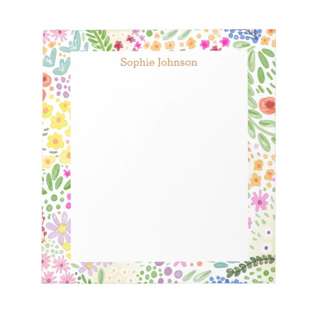 Bloco De Notas Padrão Floral de Aquarela Bonito Personalizado (Frente)