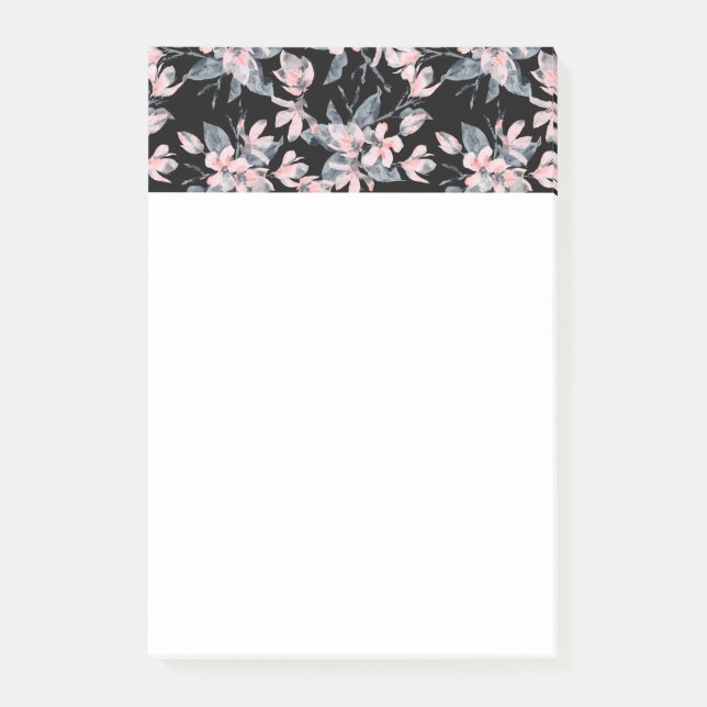 Bloco De Notas Padrão Floral de Aquarela Rosa e Cinza (Frente)