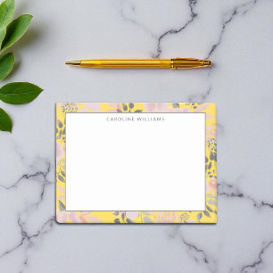 Bloco De Notas Padrão Floral de Cinza Amarelo Cheio com Nome