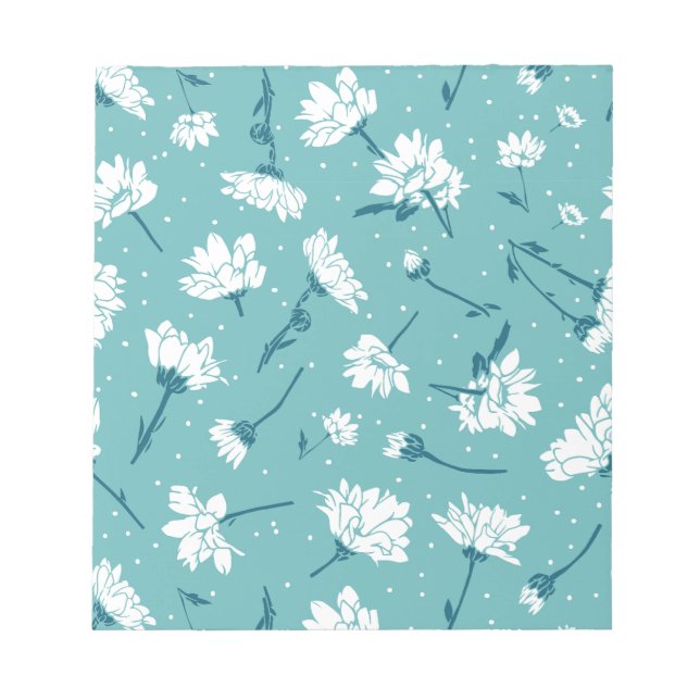 Bloco De Notas Padrão Floral Elegante - Botânica Branca e Teal (Frente)
