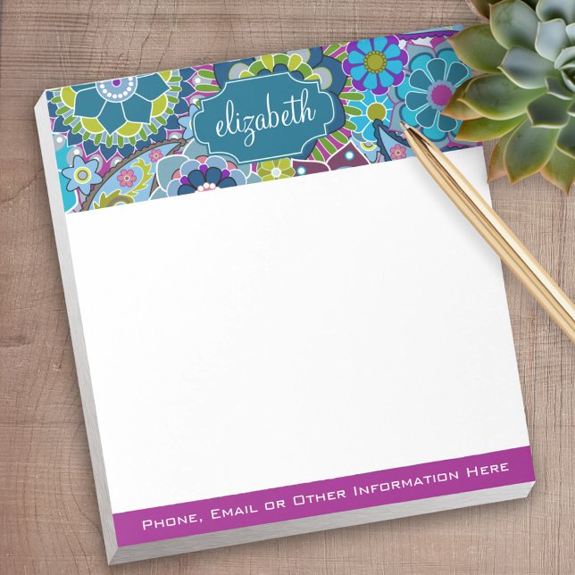 Bloco De Notas Padrão Floral Funky com Nome Personalizado (Personalized notepad - great for a gift or your home office)