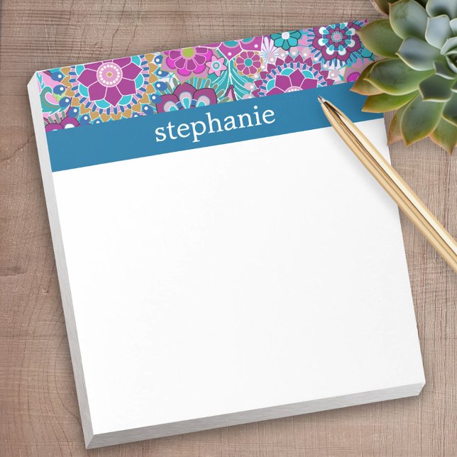 Bloco De Notas Padrão Floral Rosa e Teal com Nome de Bebê Persona (Personalized Notepad)