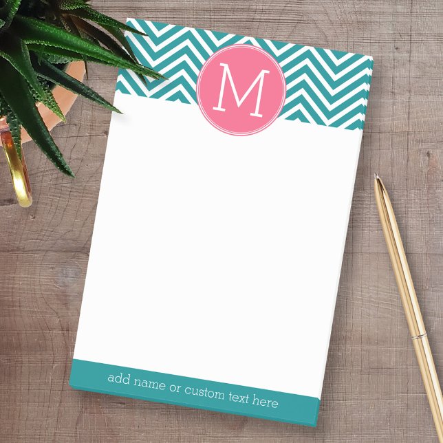 Bloco De Notas Padrão Girly Chevron com Monograma - Teal Rosa (Personalized Post-it Notes - add your name and other social media contact information)