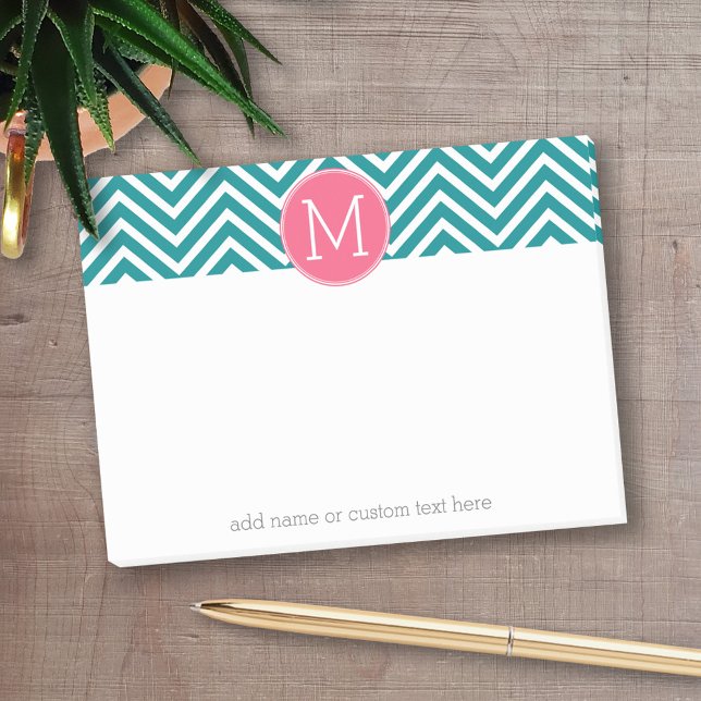 Bloco De Notas Padrão Girly Chevron com Monograma - Teal Rosa (Personalized post-it notes with an area to add your name or other text)