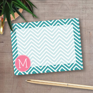 Bloco De Notas Padrão Girly Chevron com Monograma - Teal Rosa