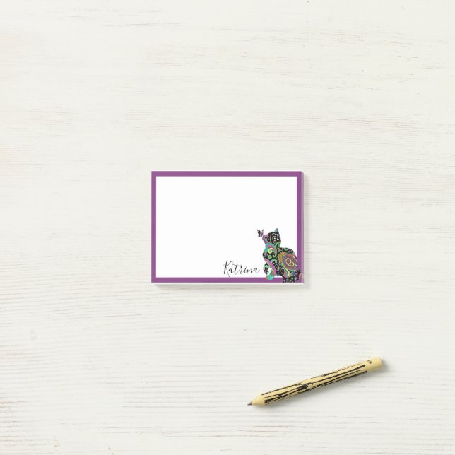 Bloco De Notas Paisley personalizado gato e borboleta  (Na mesa)
