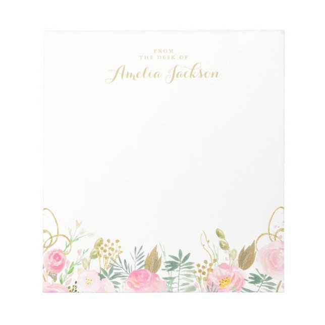 Bloco De Notas Papel de Carta Personalizado Floral Rosa Dourado (Frente)