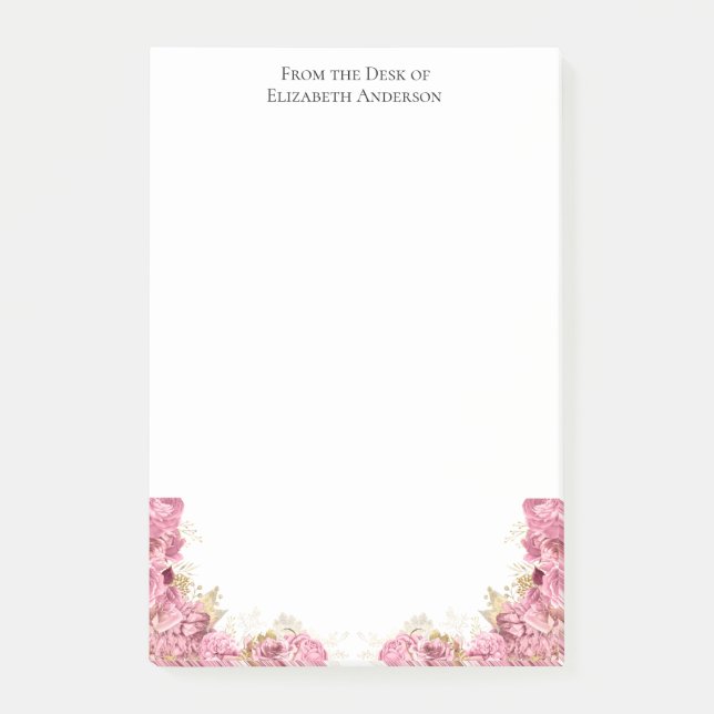 Bloco De Notas Papelaria Personalizada Elegante com Rosas Rosa (Frente)