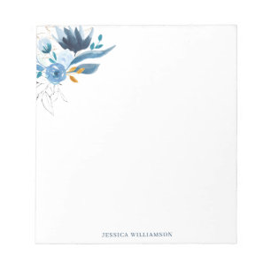 Bloco De Notas Papelaria Pessoal Floral em Aquarela Azul Elegante