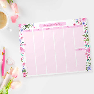 Bloco De Notas Para Seu Plano Semanal Floral De Aquarela Rosa
