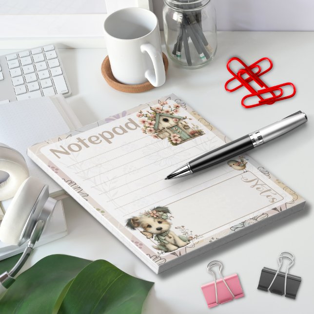 Bloco De Notas Pastel Dog & Floral – Birdhouse Spring Design (Criador carregado)