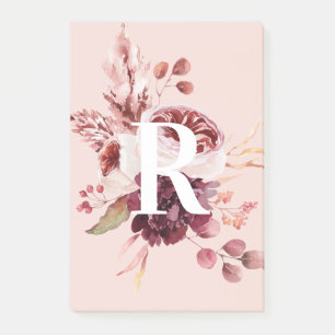 Bloco De Notas Pastel Moderno Rosa e Vermelho Floral com Inicial