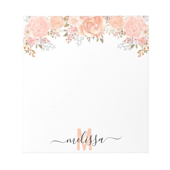 Bloco De Notas Peach Watercolor Monograma Floral (Frente)