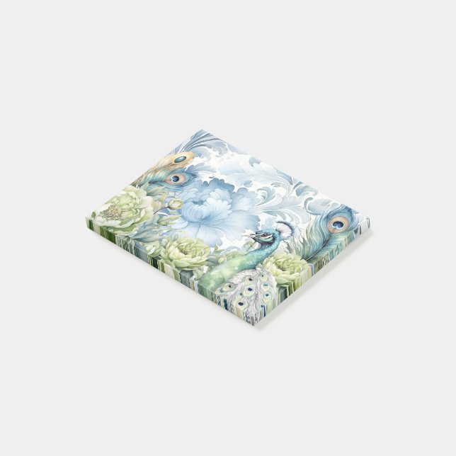 Bloco De Notas Peacock Teal & Sage Feather Floral Damasco (Inclinado)