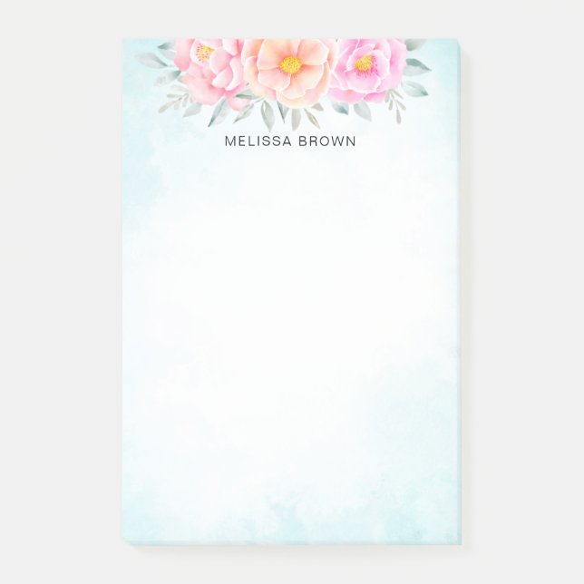 Bloco De Notas Peões de Aquarela Rosas Turquesa Rosa Floral (Frente)