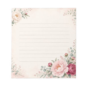 Bloco De Notas Peônias Românticas em Aquarela com Linhas Elegante