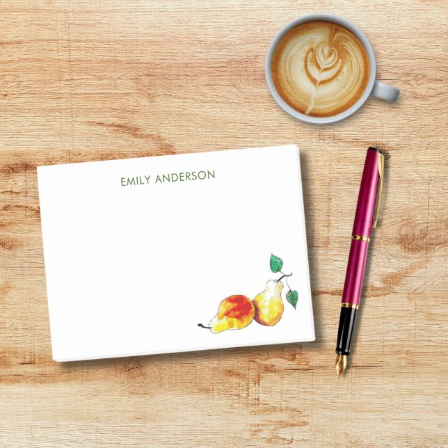Bloco De Notas Peras de Aquarela de Ouro Elegante Ilustradas à Mã (Our pear notepad, hand-illustrated by me, celebrates the red and gold colors of fall.)