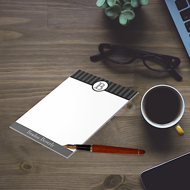 Bloco De Notas Personalizado com Monograma Preto e Branco (Criador carregado)