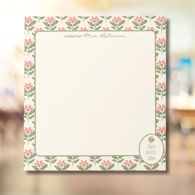 Bloco de Notas Personalizado de Flores para Profes (Personalized Floral Teacher Notepad • Custom Name Stationery • Teach Inspire Grow Gift for Teacher)
