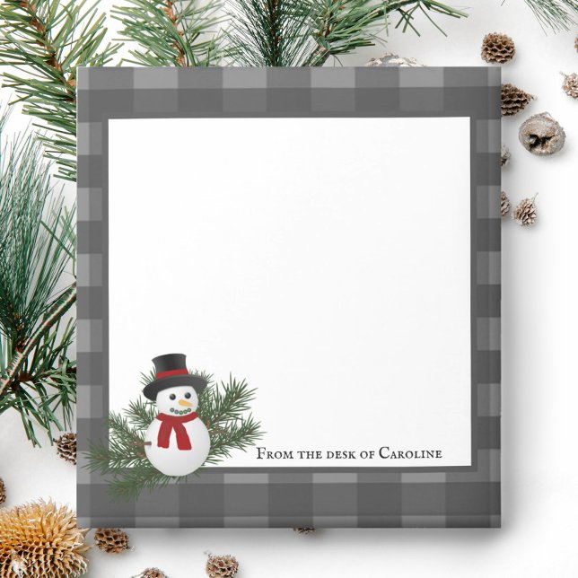 Bloco de Notas Personalizado de Xadrez Buffalo Sno (Gray Smiling Snowman Buffalo Plaid Personalized Notepad)