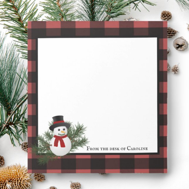 Bloco de Notas Personalizado de Xadrez Buffalo Sno (Black and Red Smiling Snowman Buffalo Plaid Personalized Notepad)
