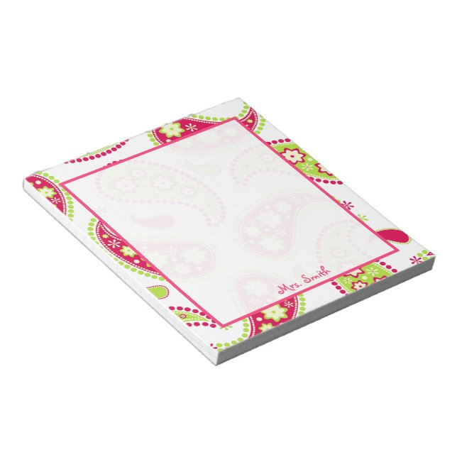 Bloco de Notas Personalizado Paisley Rosa e Verde (Inclinado)