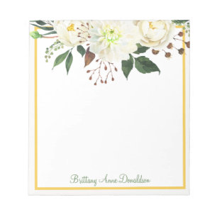 Bloco De Notas Personalizar o nome floral branco Dourado
