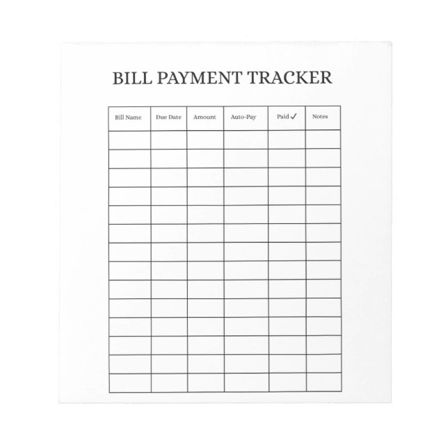 Bloco De Notas Personalized Bill Payment Tracker Notepad (Frente)