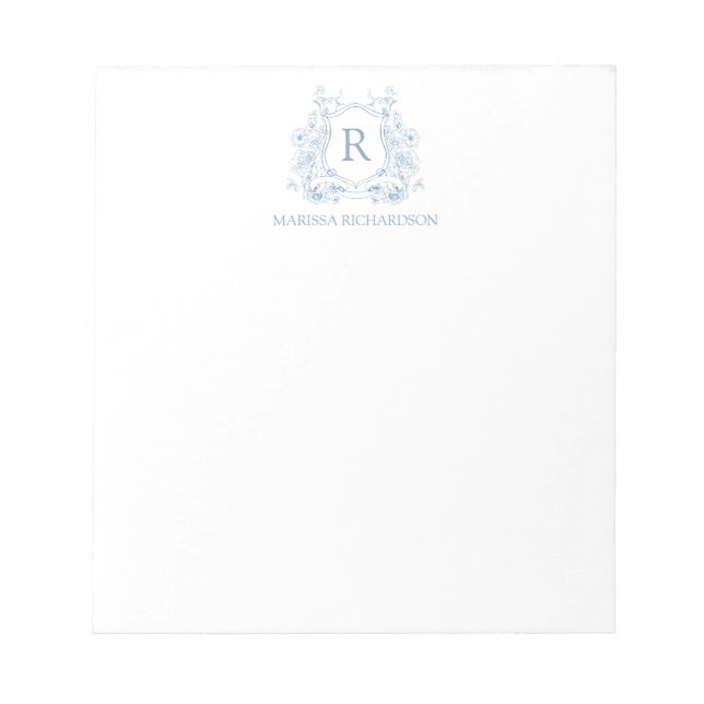 Bloco De Notas Personalized Blue Floral Crest Notepad (Frente)