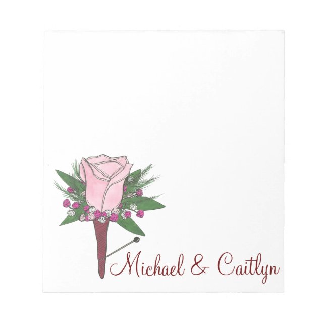 Bloco De Notas Personalized Boutonniere Pink Rose Wedding Notepad (Frente)