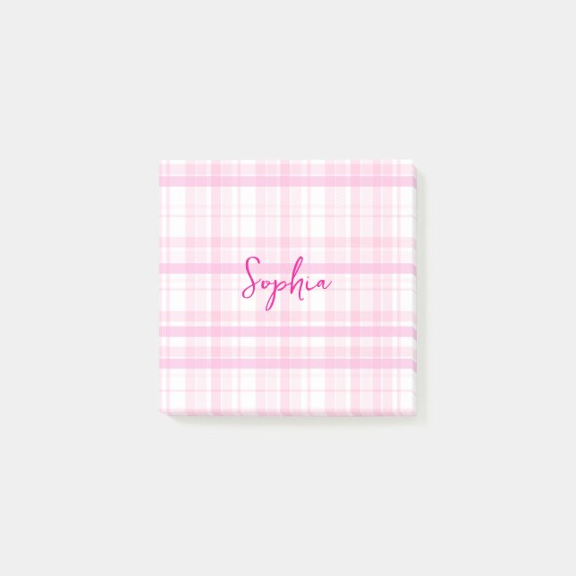Bloco De Notas Personalized Pink Plaid Post-It Notes with Name  (Frente)