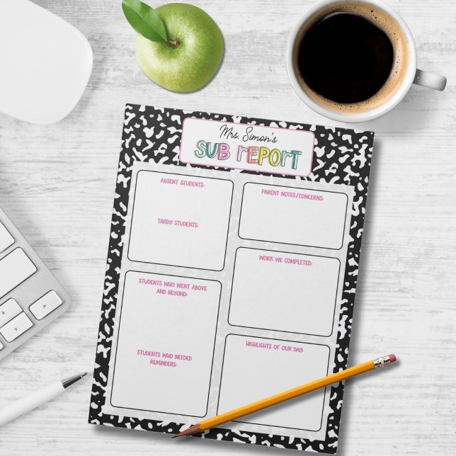 Bloco De Notas Personalized Substitute Teacher Report Note (Criador carregado)