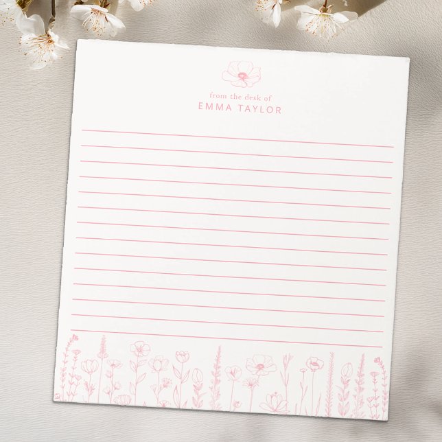 Bloco De Notas Personalized Wildflower Floral Desk Notepad (Pink Paper Pad)