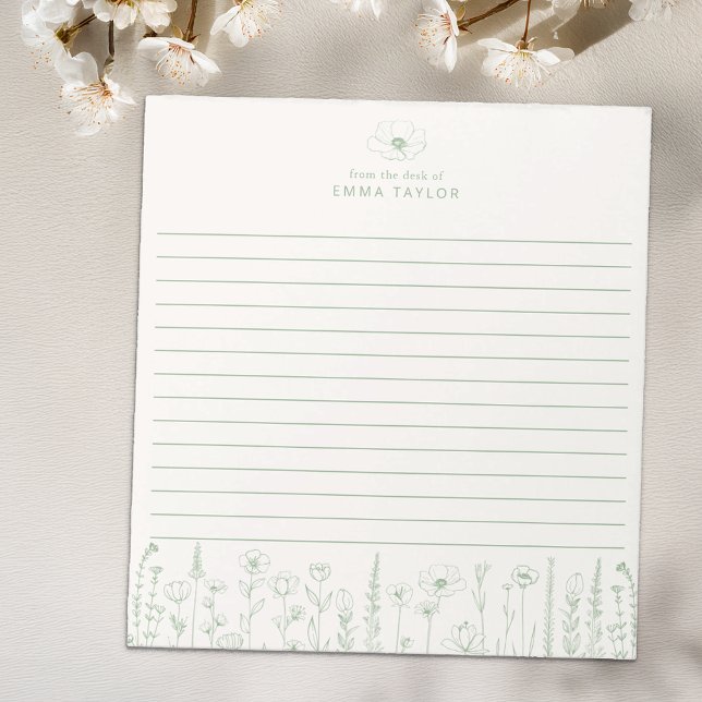Bloco De Notas Personalized Wildflower Sage Green Desk Notepad (Sage Green Paper Pad)