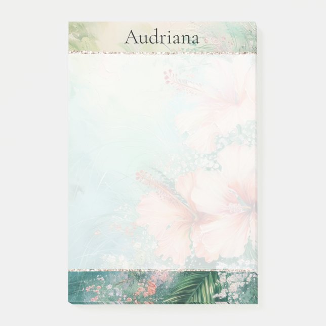 Bloco De Notas Pêssego Branco Tropical Hibiscus Floral (Frente)