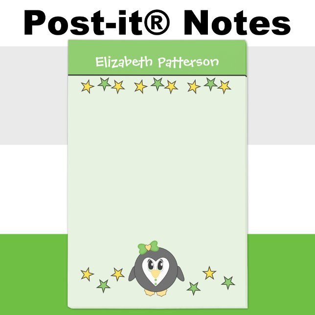 Bloco De Notas Pinguim fofo estrela nome crianças verde amarelo (Criador carregado)