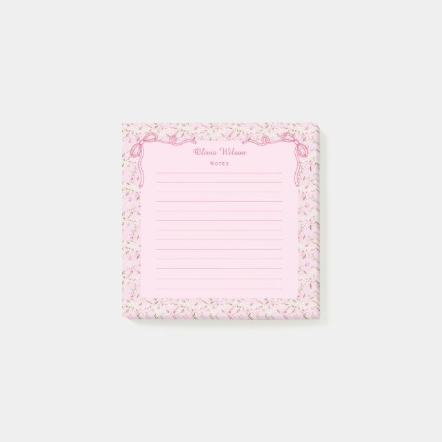 Bloco De Notas Pink Floral Coquette Bow Custom Name (Frente)