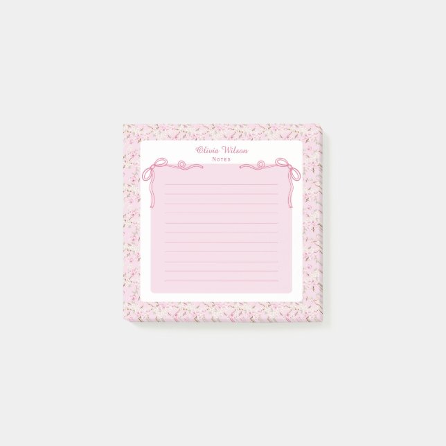 Bloco De Notas Pink Floral Coquette Bow Custom Name (Frente)