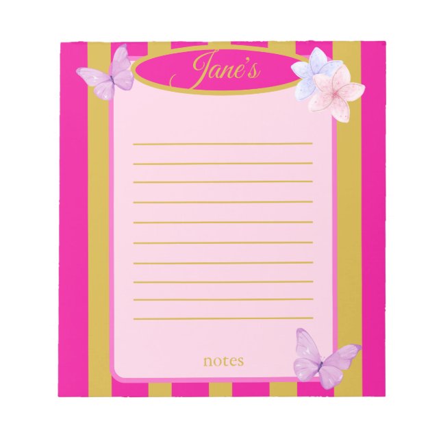 Bloco De Notas Pink & Gold Pinstripes Butterfly Floral  (Frente)
