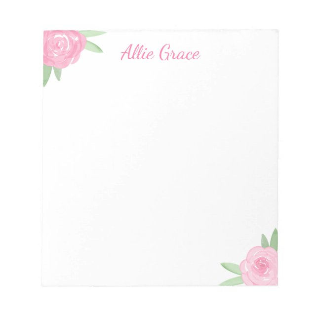 Bloco De Notas Pink Rose Floral Notepad - Personalized Name (Frente)