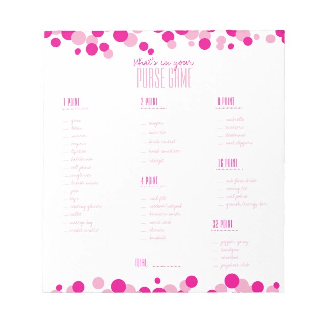 Bloco De Notas Pink What's in Your Purse Bridal Game Notepad (Frente)