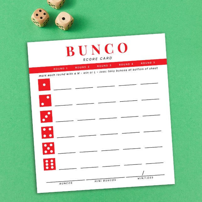 Bloco De Notas Placa de pontuação simples do Bunco vermelho e bra (modern tear-off notepad Bunco score card with red and white dice graphic accents)