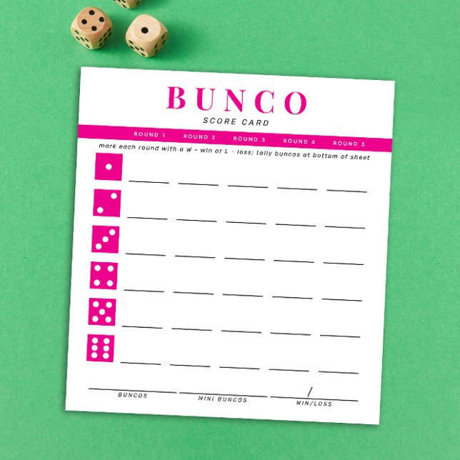 Bloco De Notas Placa de pontuação Simples, Rosa Quente e Branco (modern tear-off notepad Bunco score card with hot fuchsia pink dice graphics and accents)