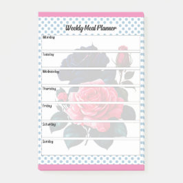 Bloco De Notas Planeador de Refeições Semanais de Rosas Rosa e Az